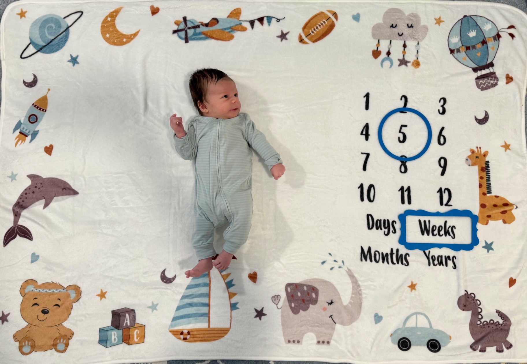 Ollie on milestone blanket at 5 weeks old