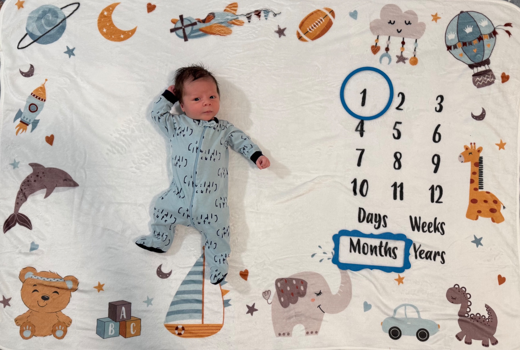 Ollie on milestone blanket at 1 month old